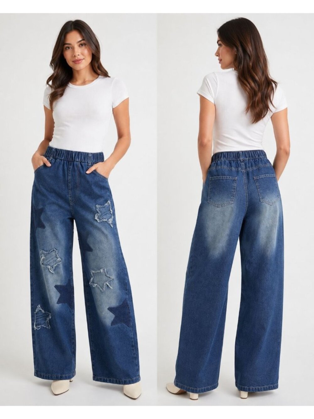 Star Patch Wide Leg WomenPants W/Elastic Waist Distressed Design Small